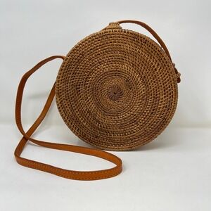 Round Woven Rattan Crossbody Bag Brown Handmade Boho Bali Straw Purse